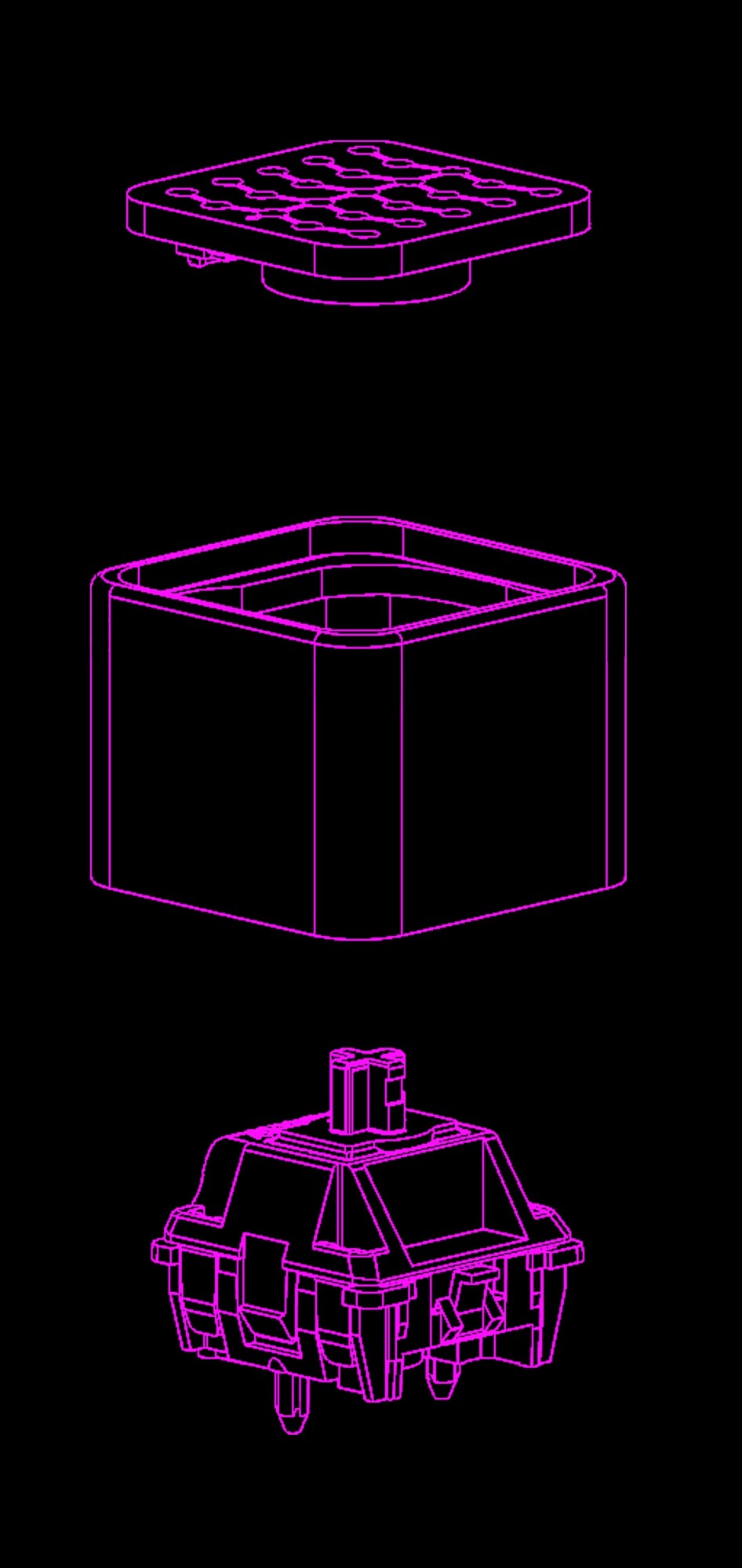 Exploded view of one TILES key: pad cap, housing and magnetic switch